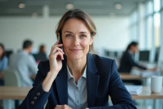 Femme professionnelle au téléphone dans un bureau moderne, attendant le service client Geodis