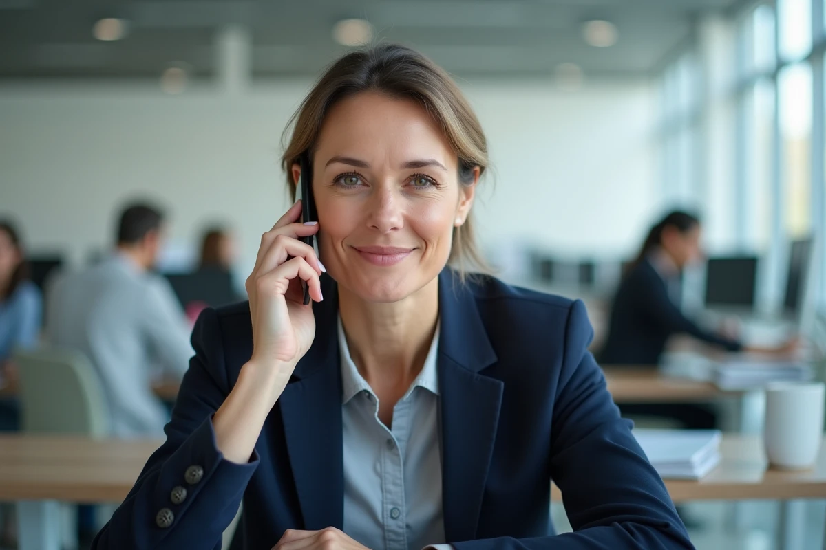 Femme professionnelle au téléphone dans un bureau moderne, attendant le service client Geodis