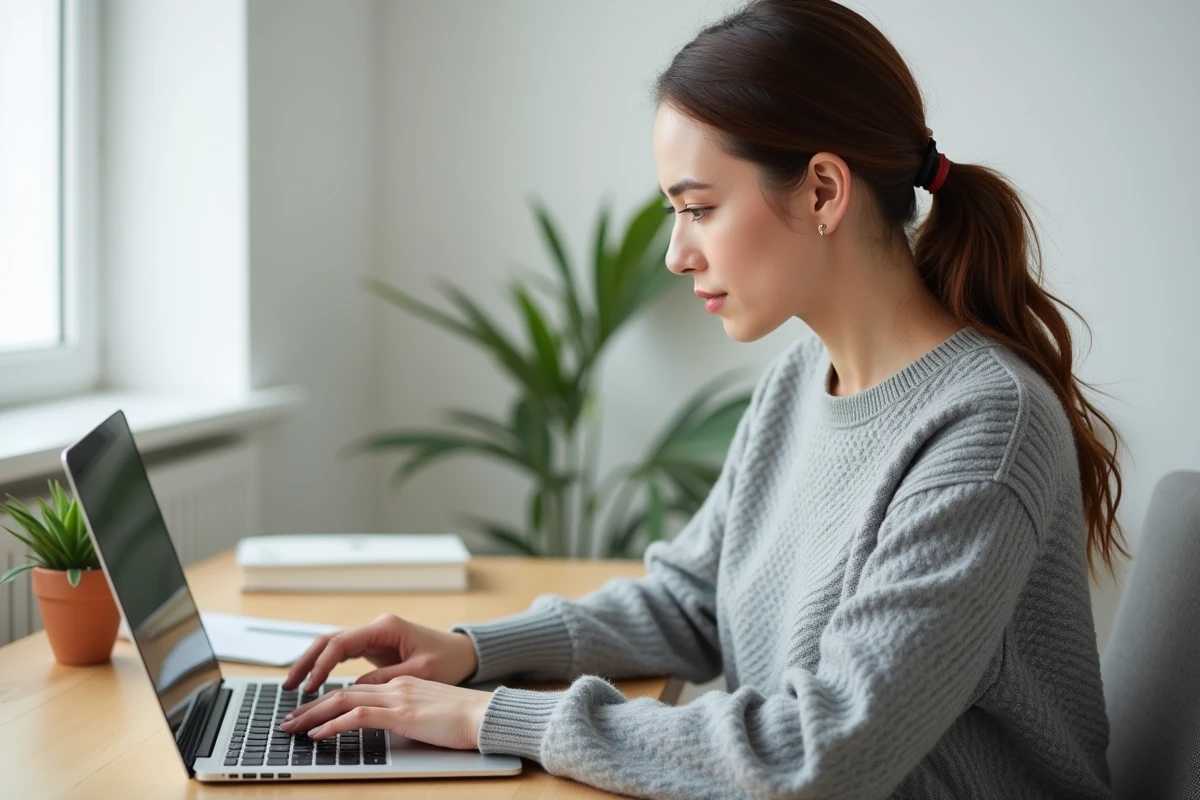 Femme en télétravail sur son ordinateur portable depuis son bureau à domicile