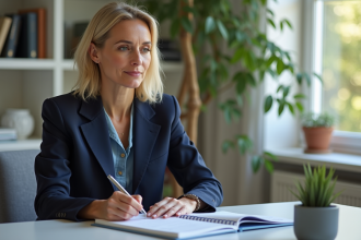 Femme en blazer et jeans dans un bureau lumineux