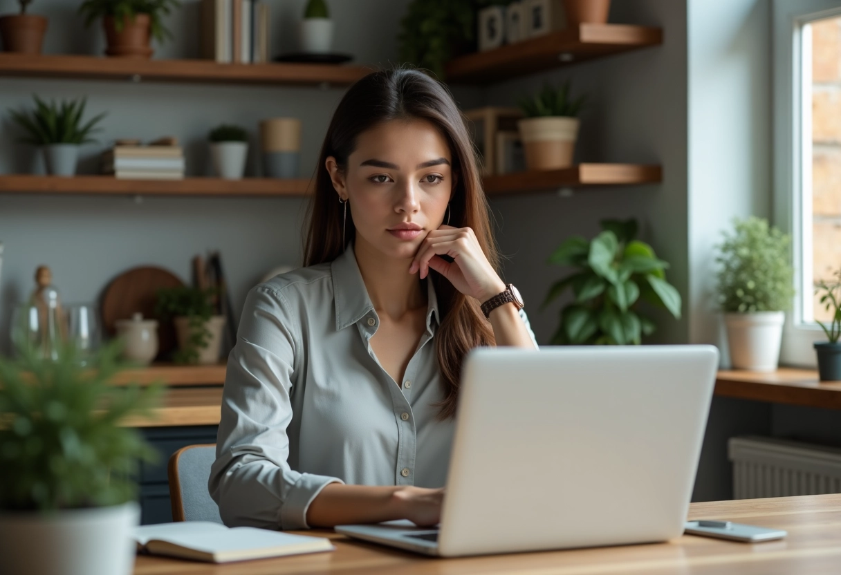 Femme concentrée travaillant seule à son ordinateur à la maison