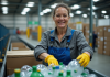 Femme en overalls triant des bouteilles en plastique dans une usine moderne