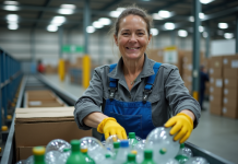 Femme en overalls triant des bouteilles en plastique dans une usine moderne
