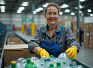 Valorisation des déchets : exemple et impact environnemental Femme en overalls triant des bouteilles en plastique dans une usine moderne