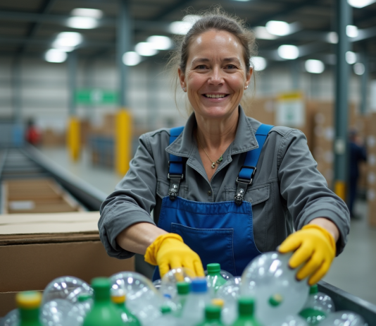 Femme en overalls triant des bouteilles en plastique dans une usine moderne