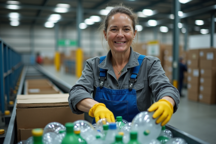 Femme en overalls triant des bouteilles en plastique dans une usine moderne