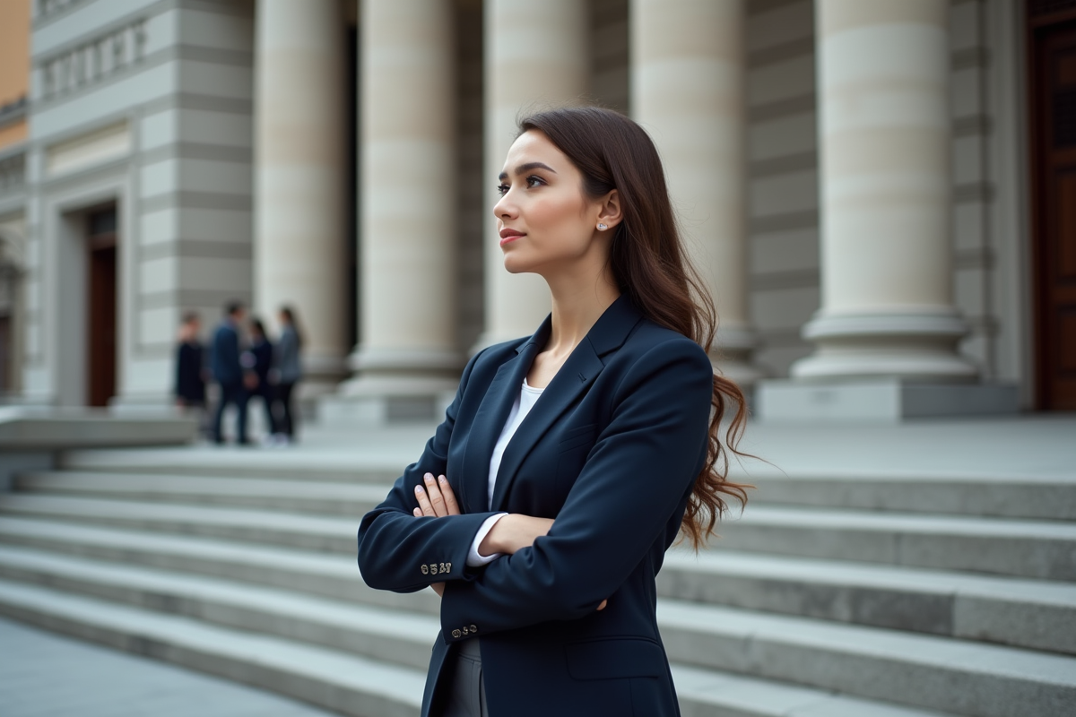 Jeune femme en blazer devant un bâtiment judiciaire