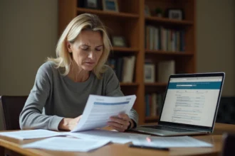 Femme consultant ses documents d'allocation d'aide au retour à l'emploi à son bureau à domicile