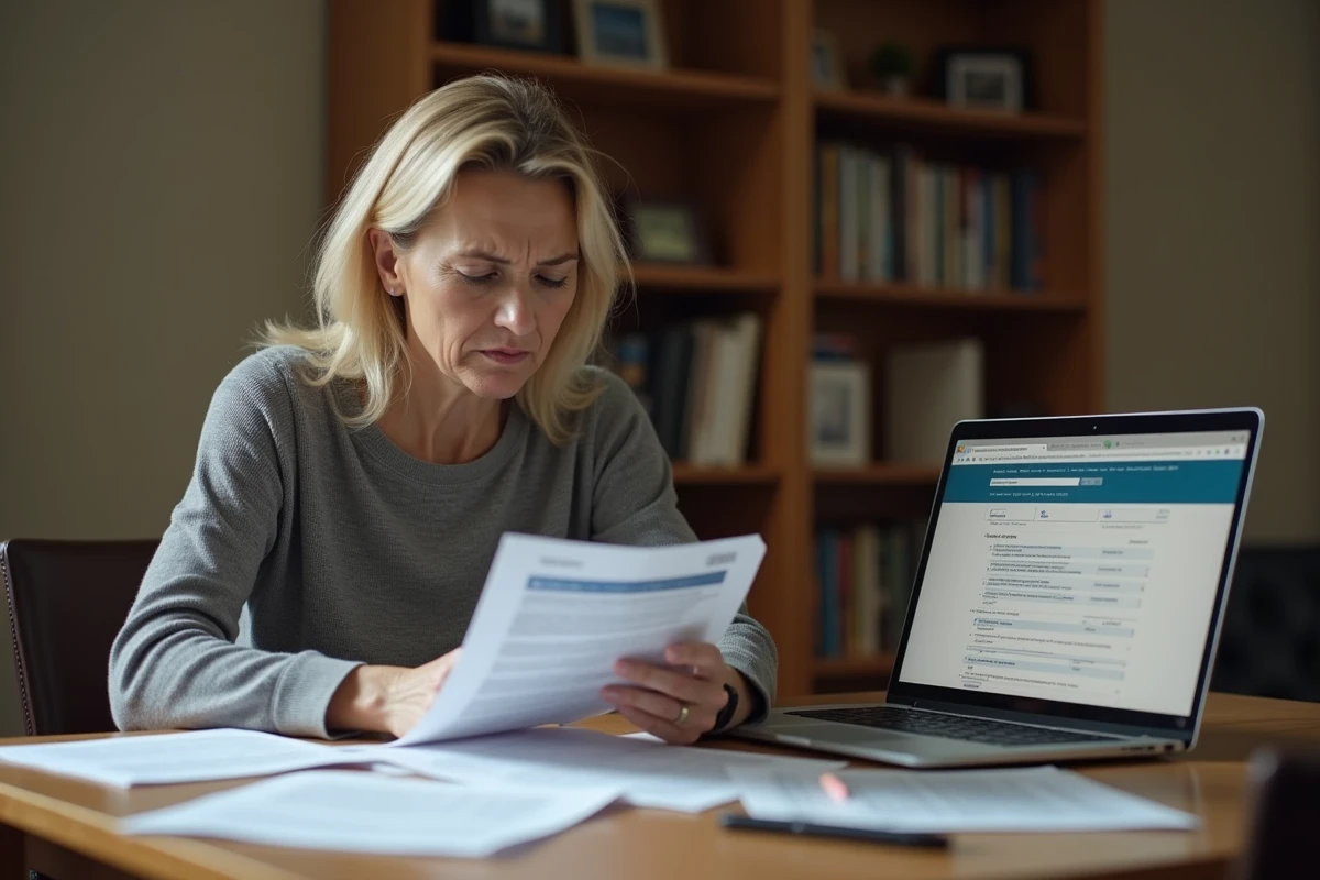 Femme consultant ses documents d'allocation d'aide au retour à l'emploi à son bureau à domicile