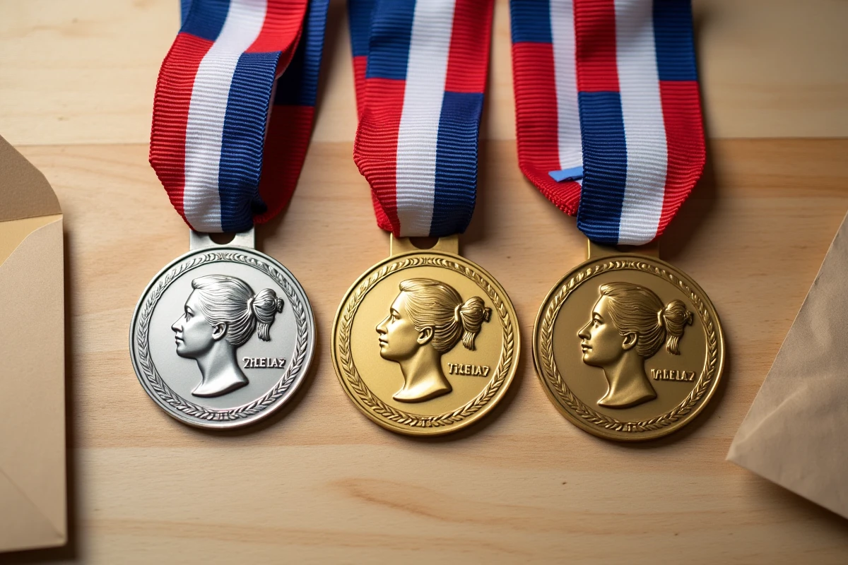 Vue en flat-lay de trois modèles de médaille du Travail argent vermeil et or posés sur un bureau en bois avec étiquettes de prix