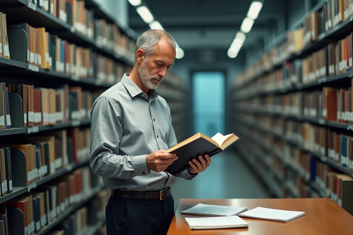 Fonctionnaire territorial consultant un ouvrage Berger Levrault dans une bibliothèque de documentation administrative