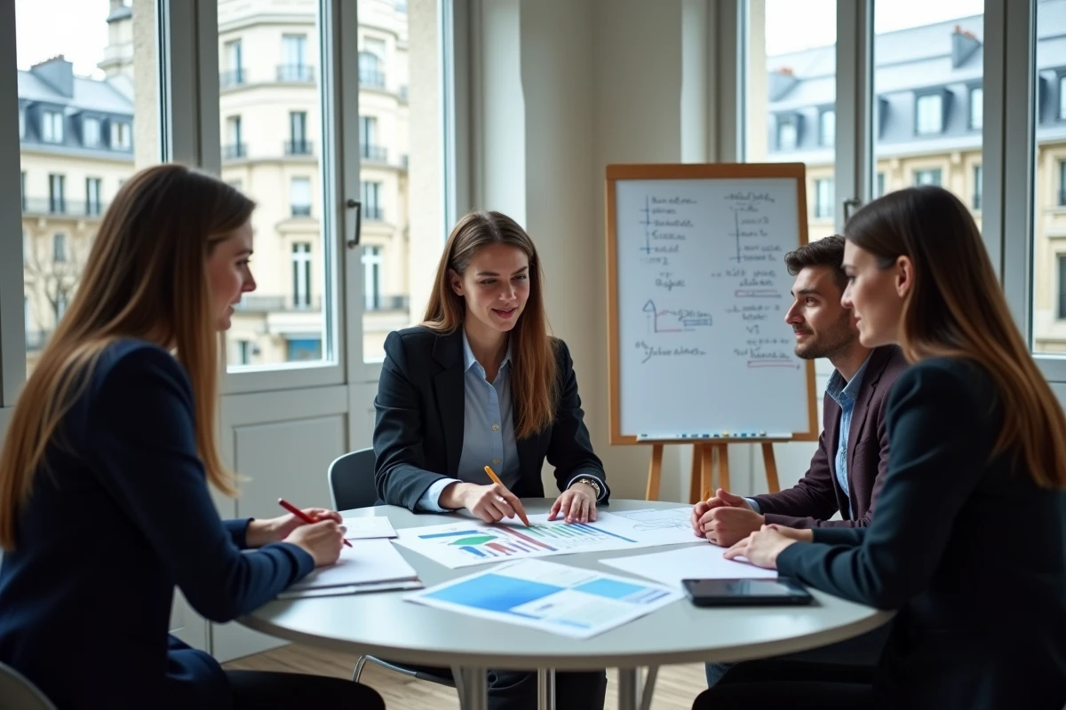 Groupe de professionnels en formation data analytics autour d'une table dans une salle de cours à Paris