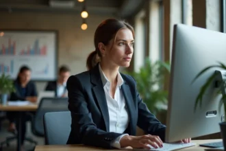 Femme en formation data devant un écran d'analyse dans un espace de coworking parisien moderne