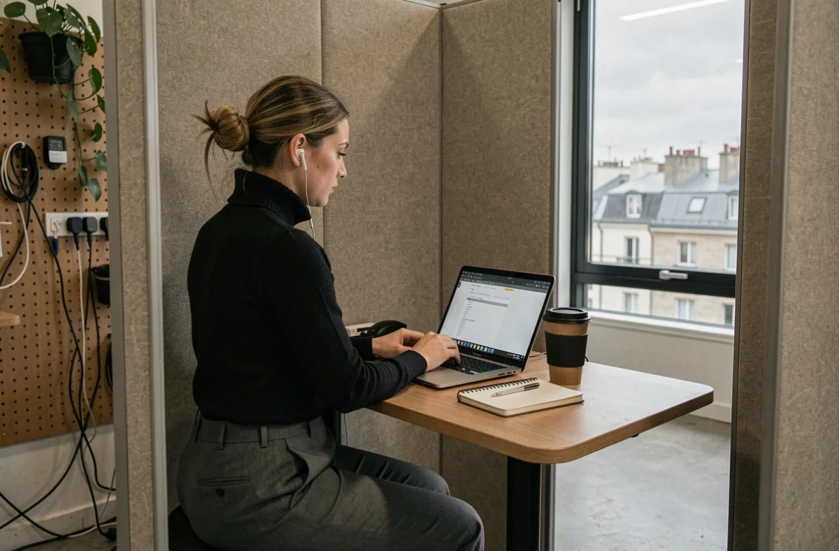 Freelance travaillant dans un espace de coworking calme à Saint-Ouen avec bureau debout