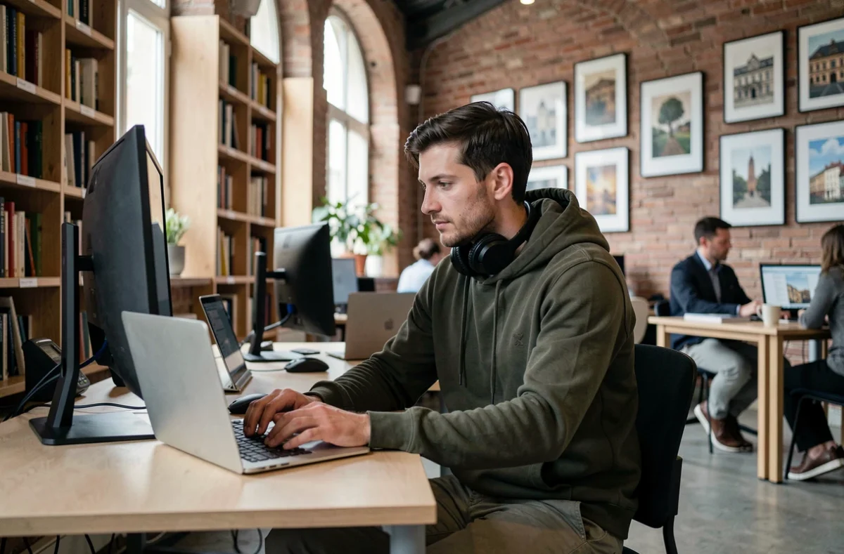 Freelance travaillant seul dans un espace de coworking calme à Bordeaux avec deux écrans