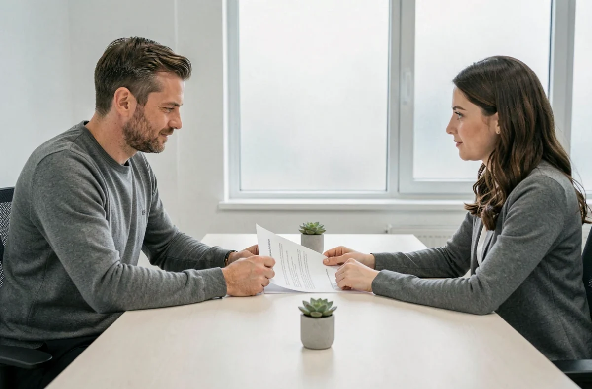 Freelance en portage salarial discutant de ses droits au chômage avec un conseiller RH en salle de réunion