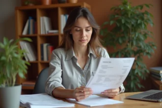 Freelance femme révisant une facture dans son bureau à domicile avec une expression professionnelle concentrée