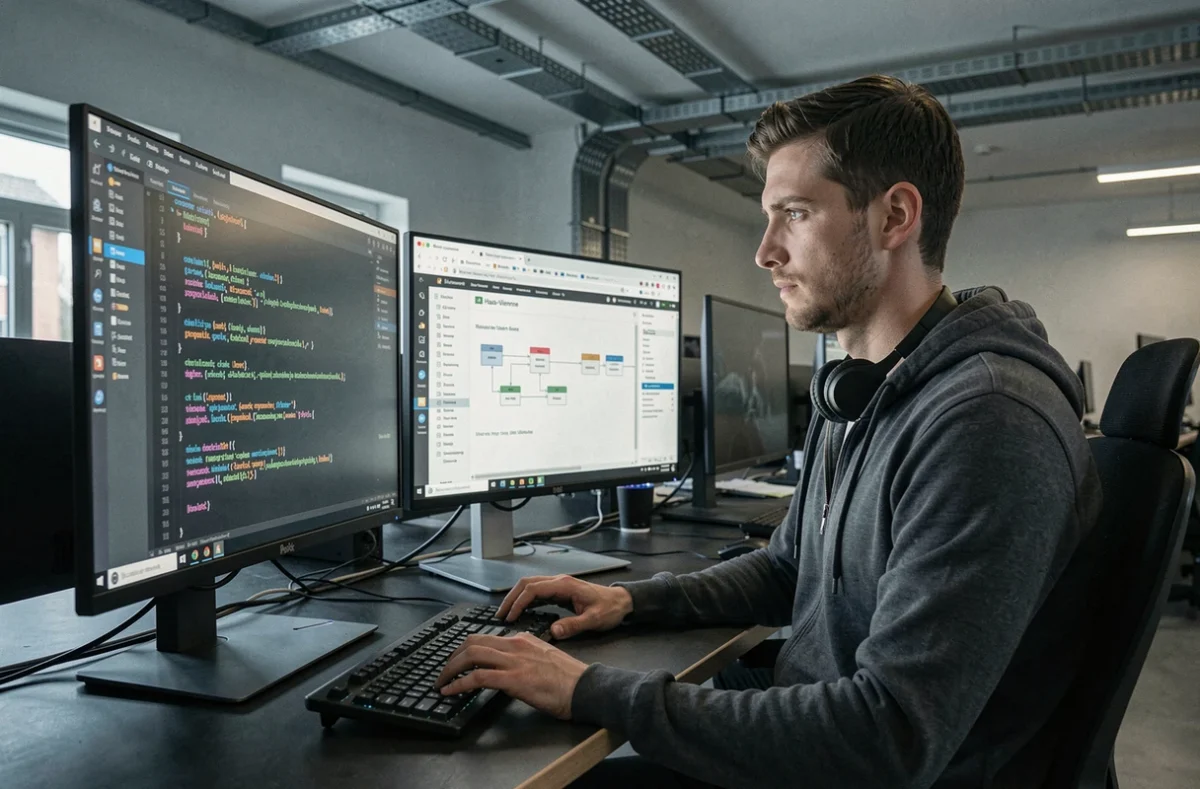 Développeur web travaillant sur un projet de développement sur mesure dans une agence en Haute-Vienne
