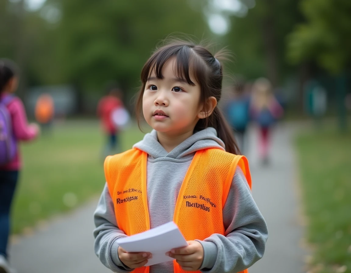 Fillette portant un gilet fluo orange personnalisé avec prénom et nom d'école imprimés lors d'une sortie scolaire au parc