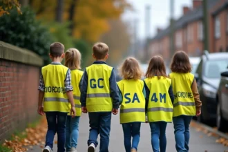 Groupe d'élèves d'école primaire portant des gilets fluo jaunes personnalisés avec logo d'école lors d'une sortie scolaire en ville