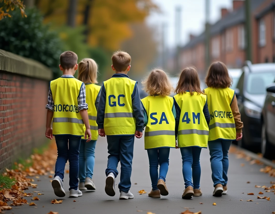 Groupe d'élèves d'école primaire portant des gilets fluo jaunes personnalisés avec logo d'école lors d'une sortie scolaire en ville