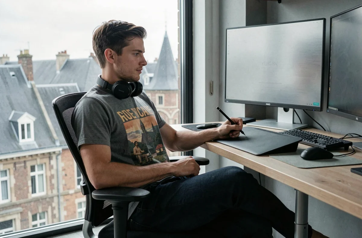 Graphiste freelance travaillant sur tablette graphique dans un espace de coworking avec vue sur Rouen