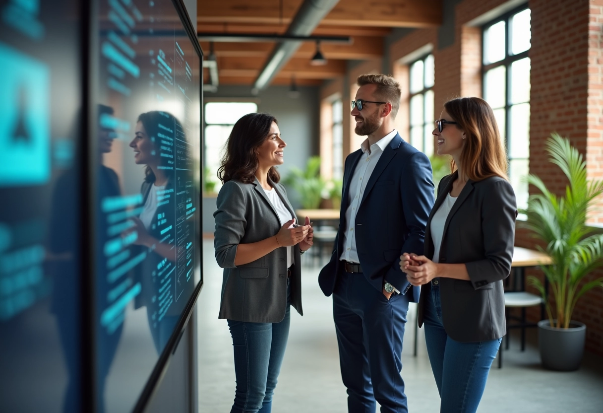 Groupe de trois personnes en brainstorming dans un espace coworking