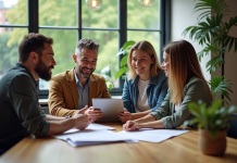 Responsabilité environnementale : les quatre niveaux à connaître ! Groupe de quatre adultes discutant avec documents écologiques