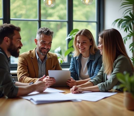 Responsabilité environnementale : les quatre niveaux à connaître ! Groupe de quatre adultes discutant avec documents écologiques