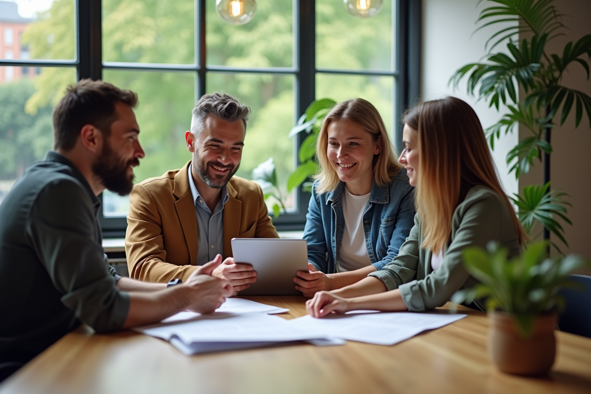 Groupe de quatre adultes discutant avec documents écologiques