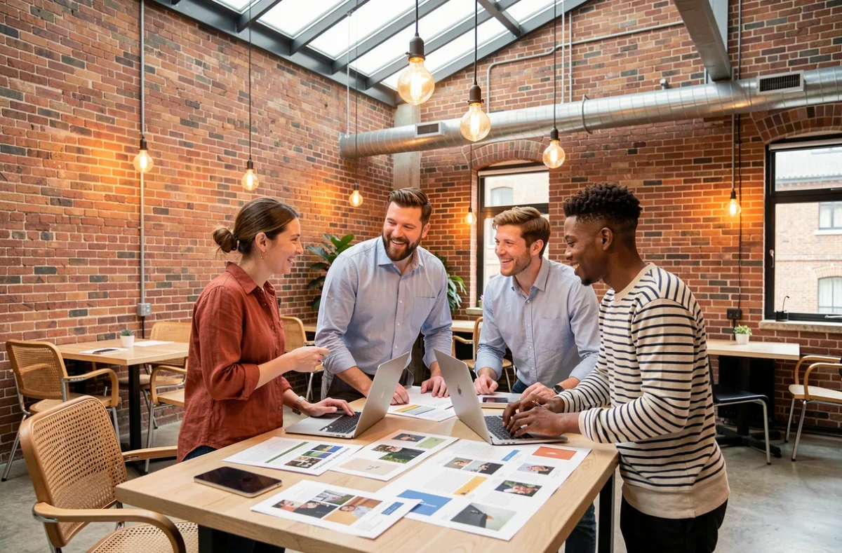 Groupe de professionnels en réunion informelle dans un espace de coworking lumineux à Montpellier