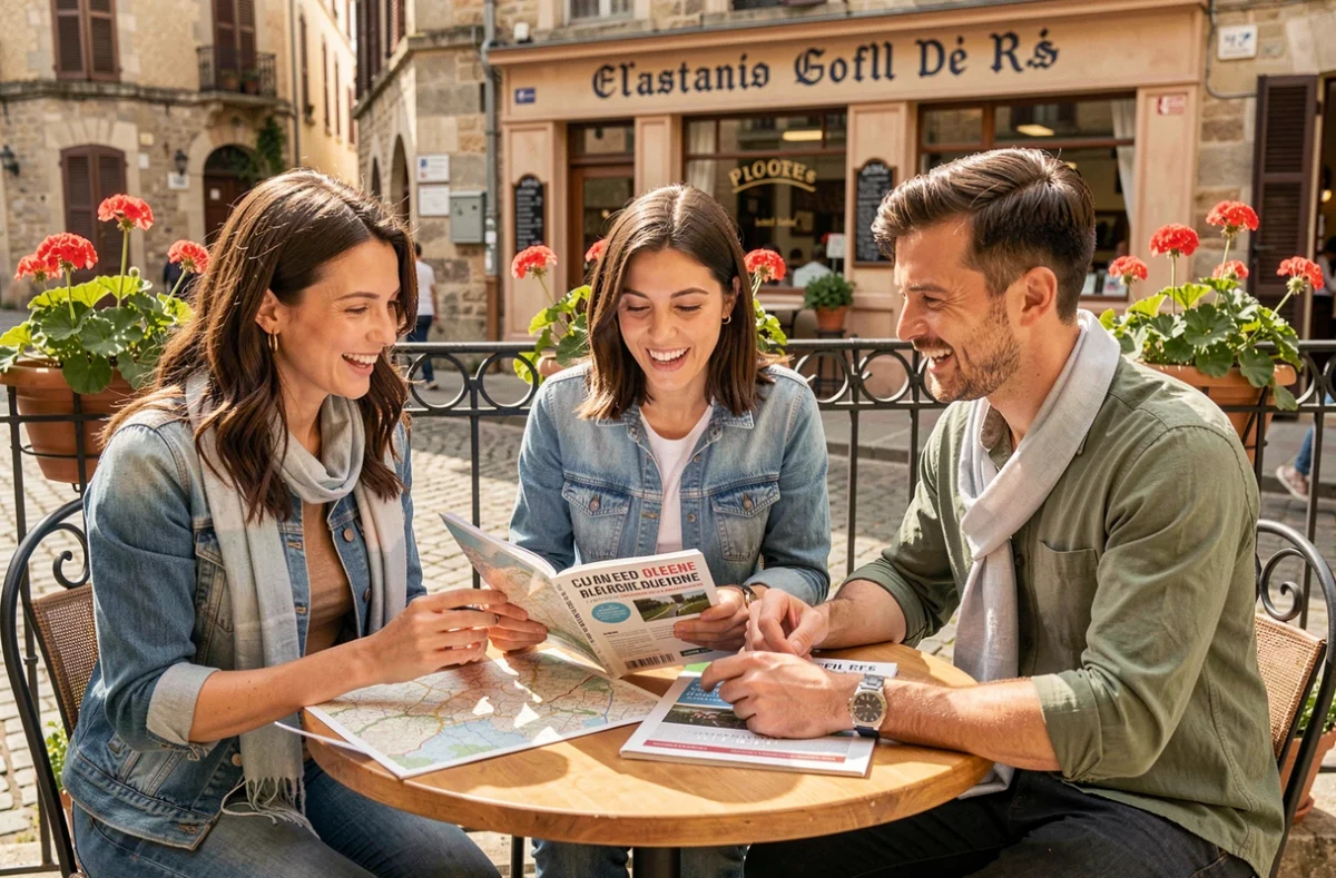 Groupe multiculturel de professionnels francophones discutant d'opportunités de travail à l'étranger en terrasse de café européen