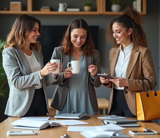 Goodies personnalisés : Comment bien les choisir pour votre entreprise ? Groupe de professionnels avec objets promotionnels en réunion