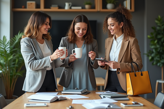groupe-professionnels-promotions Groupe de professionnels avec objets promotionnels en réunion
