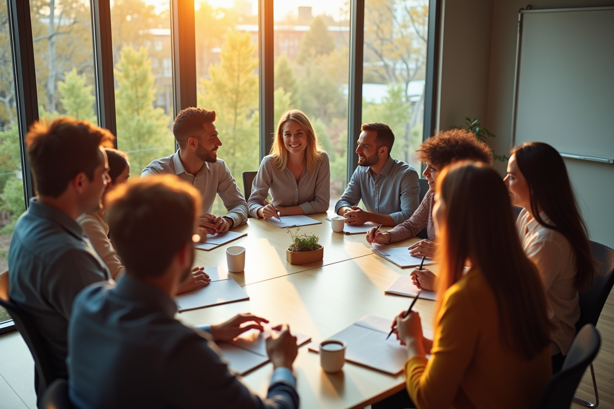 Groupe divers en réunion discutant d opportunites de carrière