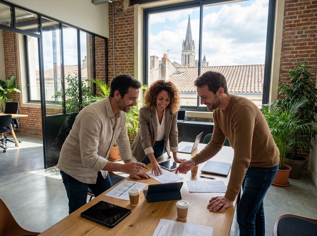 Groupe de professionnels collaborant dans un espace moderne à Poitiers