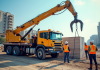 Grue hydraulique en action sur un chantier de construction en ville