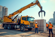 Grue hydraulique en action sur un chantier de construction en ville