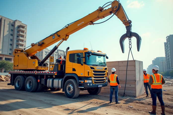 Grue hydraulique en action sur un chantier de construction en ville