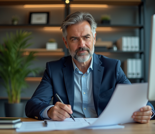 Homme d'affaires en costume dans un bureau moderne