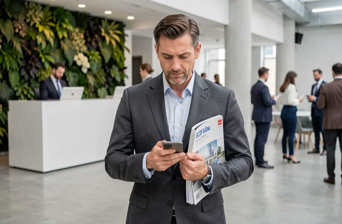Homme d'affaires en espace de coworking tenant un annuaire magazine B2B pour identifier de futurs clients professionnels