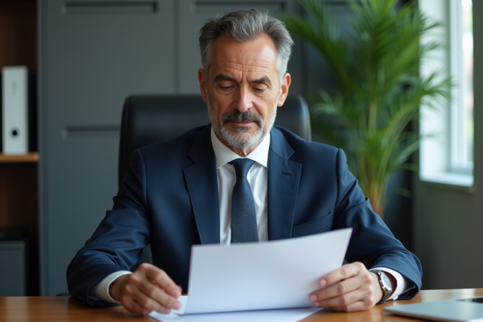 homme-affaires-document-pensee Homme d'affaires lisant un document dans un bureau moderne