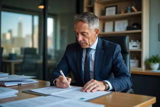 Homme d'affaires en costume bleu signant des documents