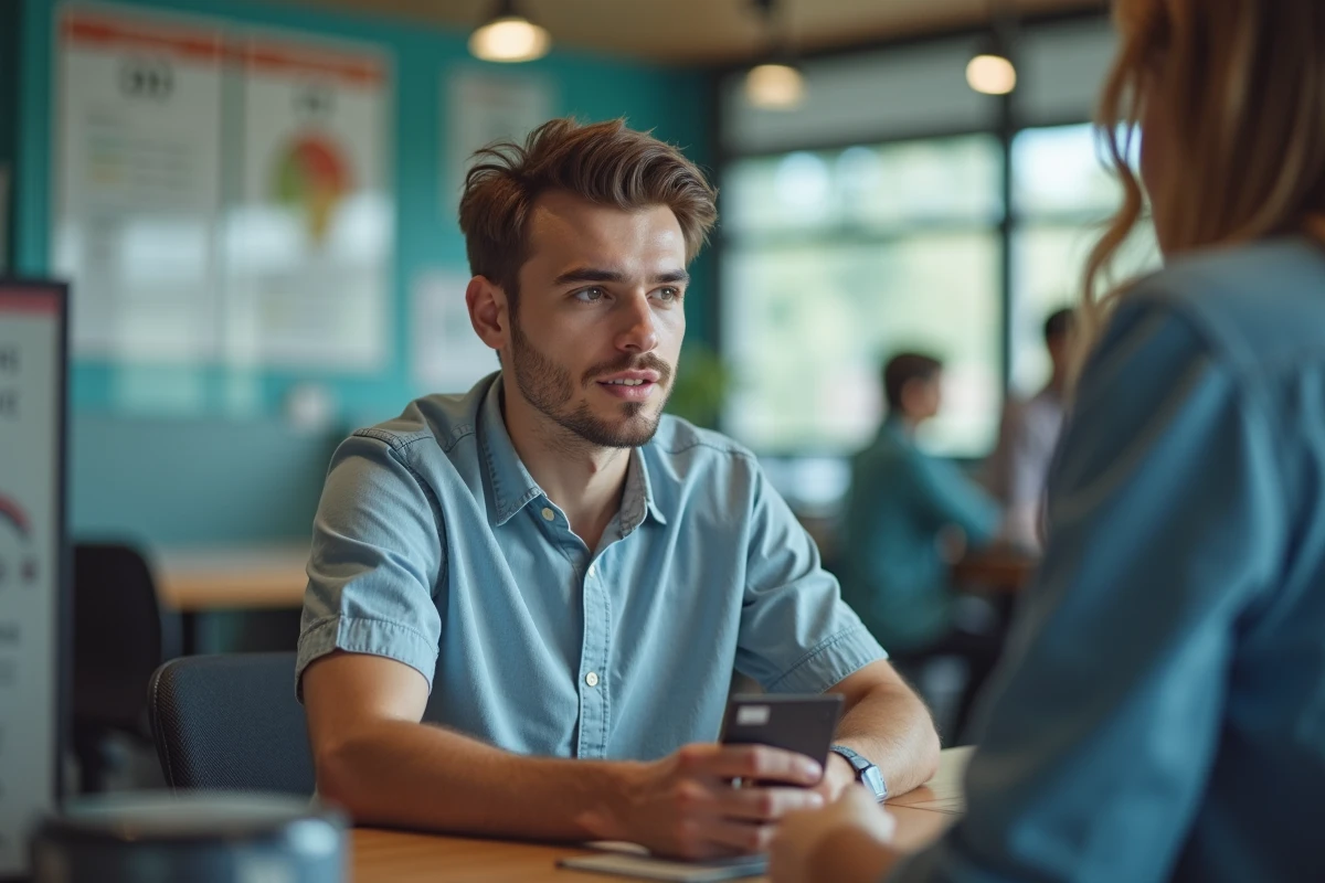 Jeune homme parlant avec un conseiller bancaire au guichet