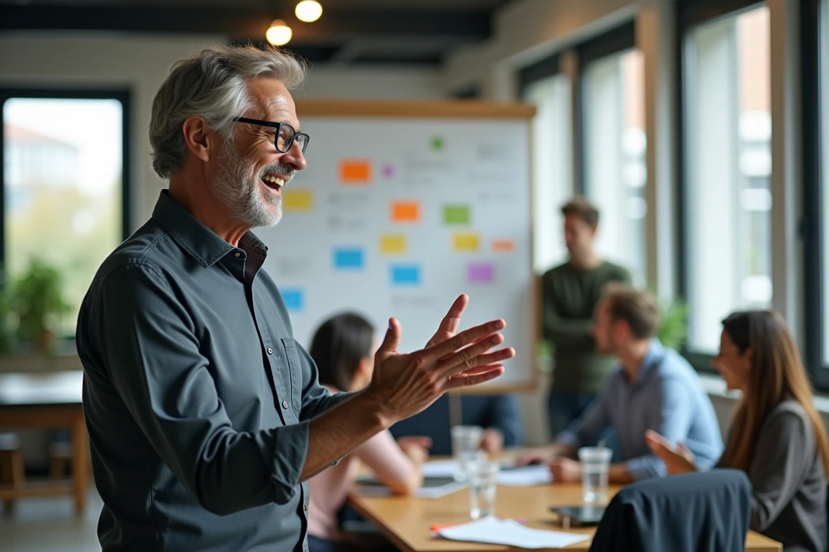 Homme en coworking menant une session de brainstorming