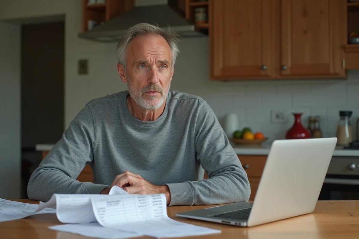 Homme comparant des reçus de courses Lidl avec son budget sur un ordinateur portable à la maison