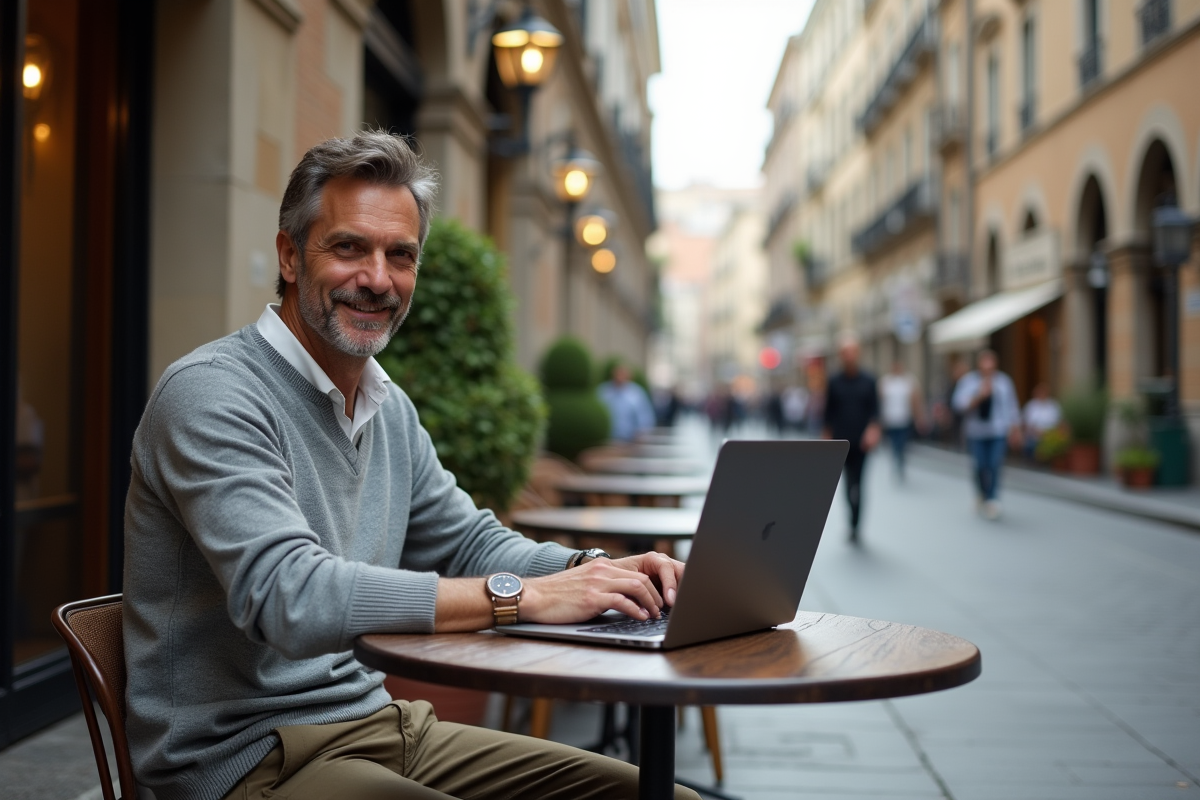 Homme au café en ville avec ordinateur portable