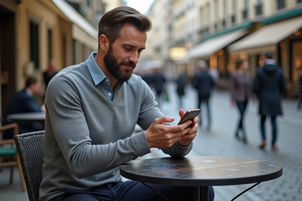 Homme consultant l'application de prise de rendez-vous en ligne ClicRDV Pro depuis son téléphone à la terrasse d'un café parisien