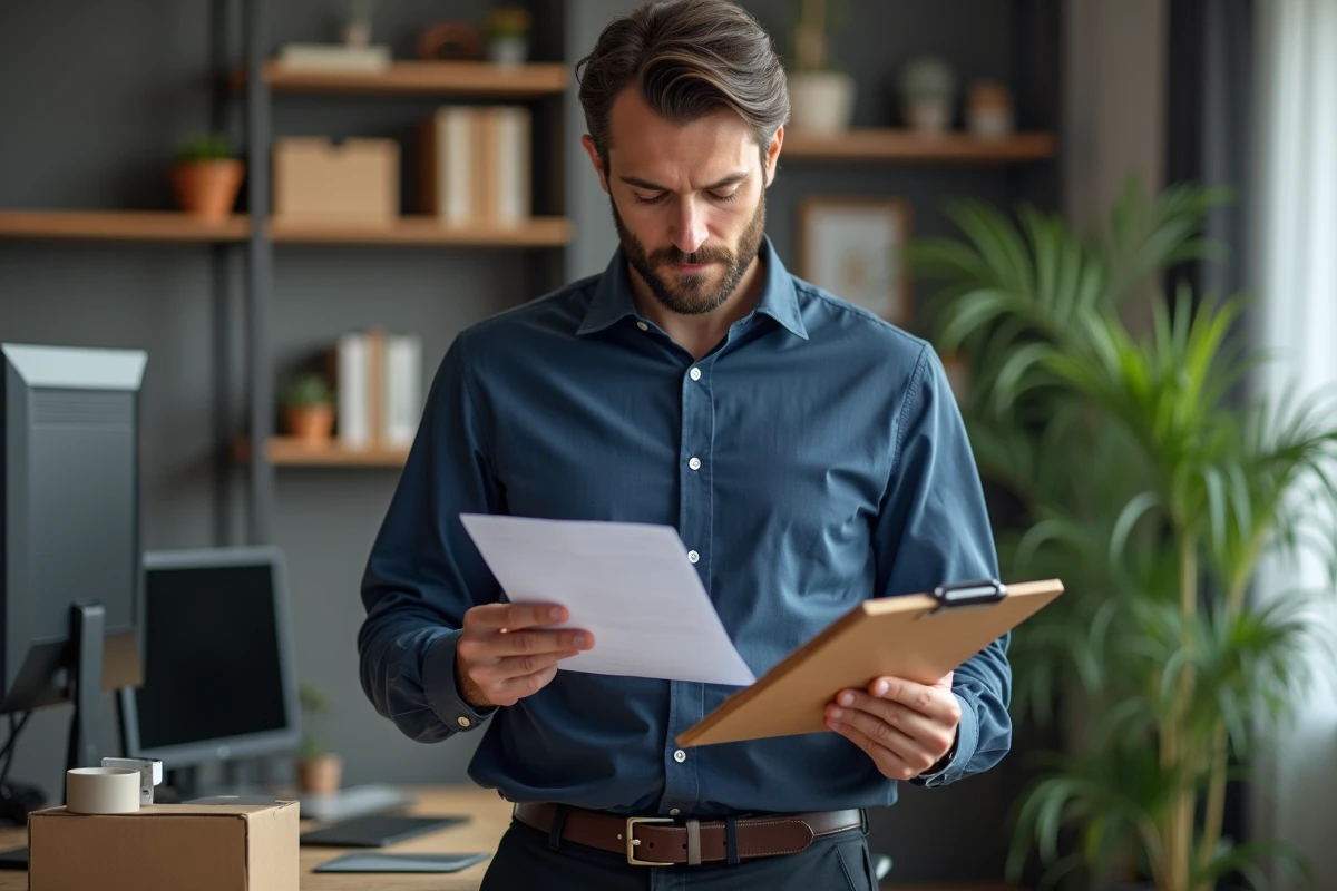 Homme comparant des offres d'emploi d'emballeur à domicile dans un bureau à domicile organisé