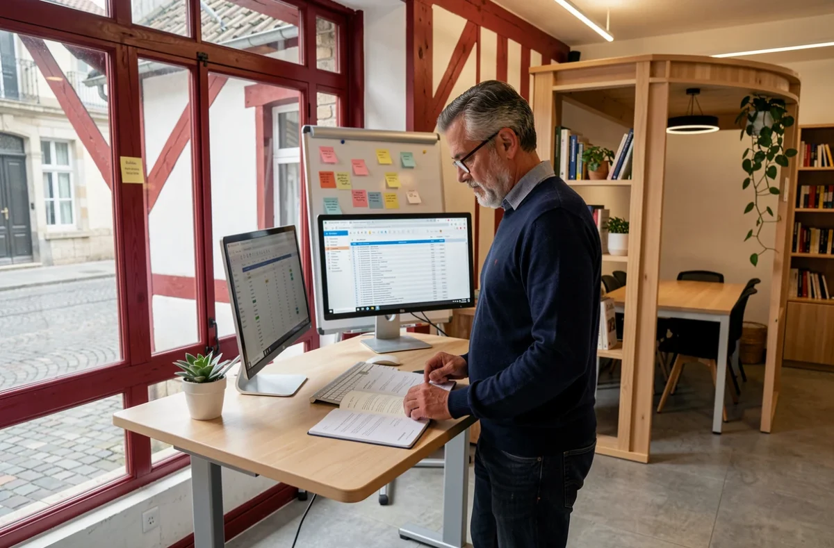 Homme en télétravail dans un coworking à Bayonne avec architecture basque traditionnelle
